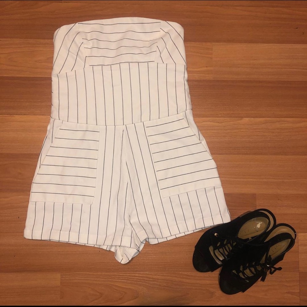 Strapless black and white striped romper